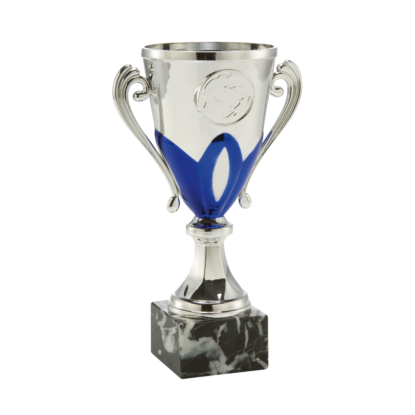 Zilveren trofee met blauwe details