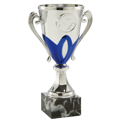 Zilveren trofee met blauwe details